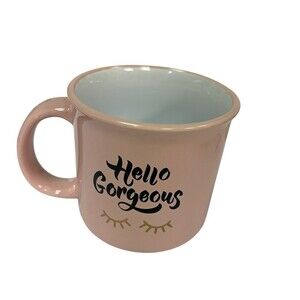 Hello Gorgeous Coffee Mug Pink Eyelashes Black & Gold Script